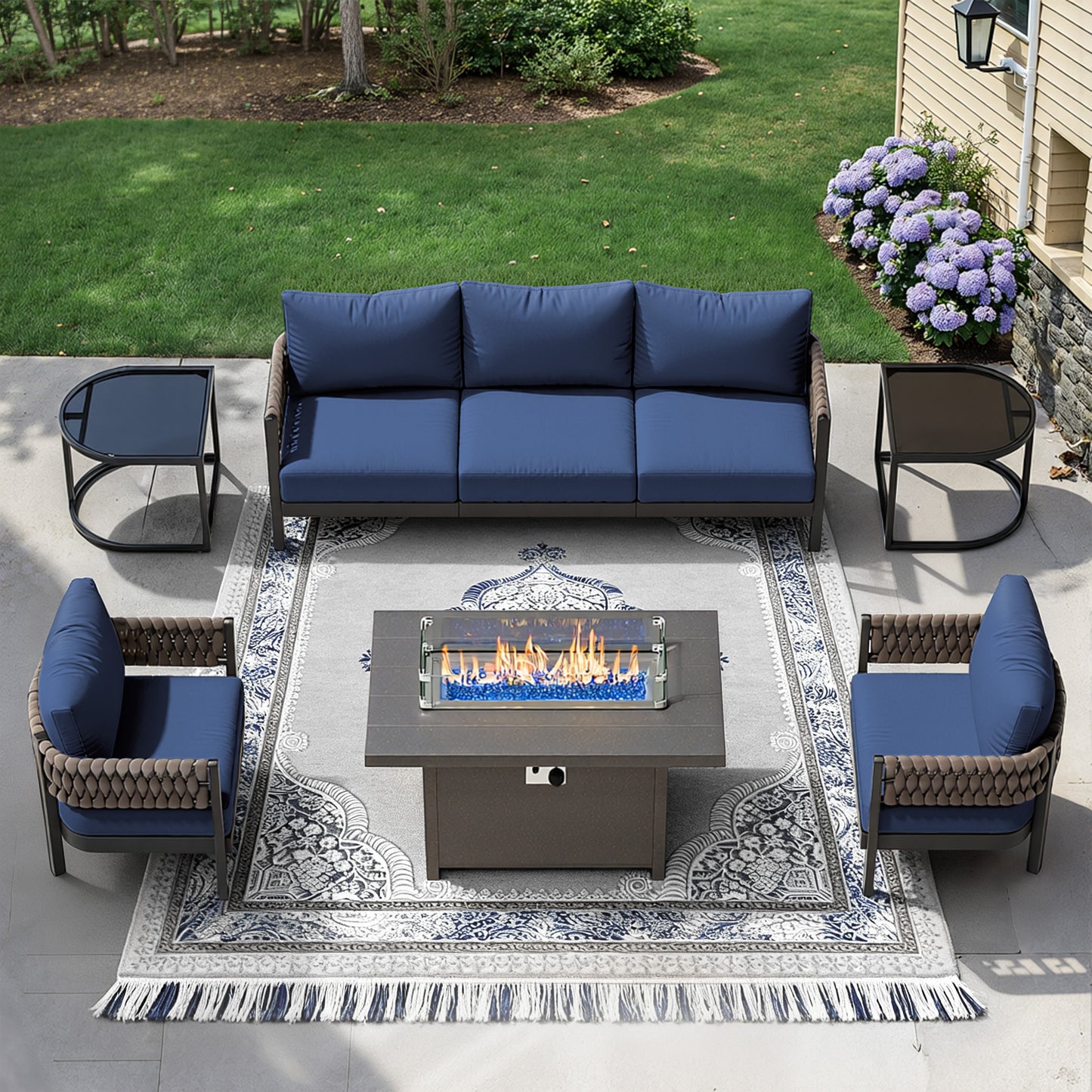 5-Piece Aluminum Rope Patio Sofa Set with Fire Pit Table