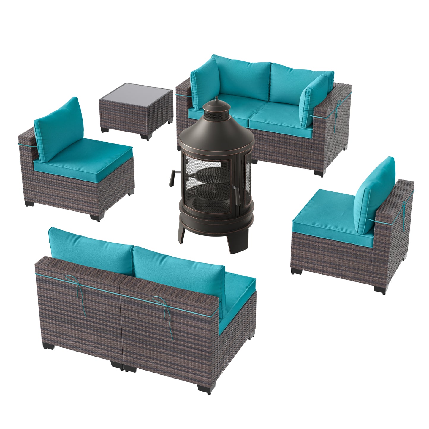 6-Person Rattan Outdoor Sectional Sofa Set with Wood Burning Fire Pit