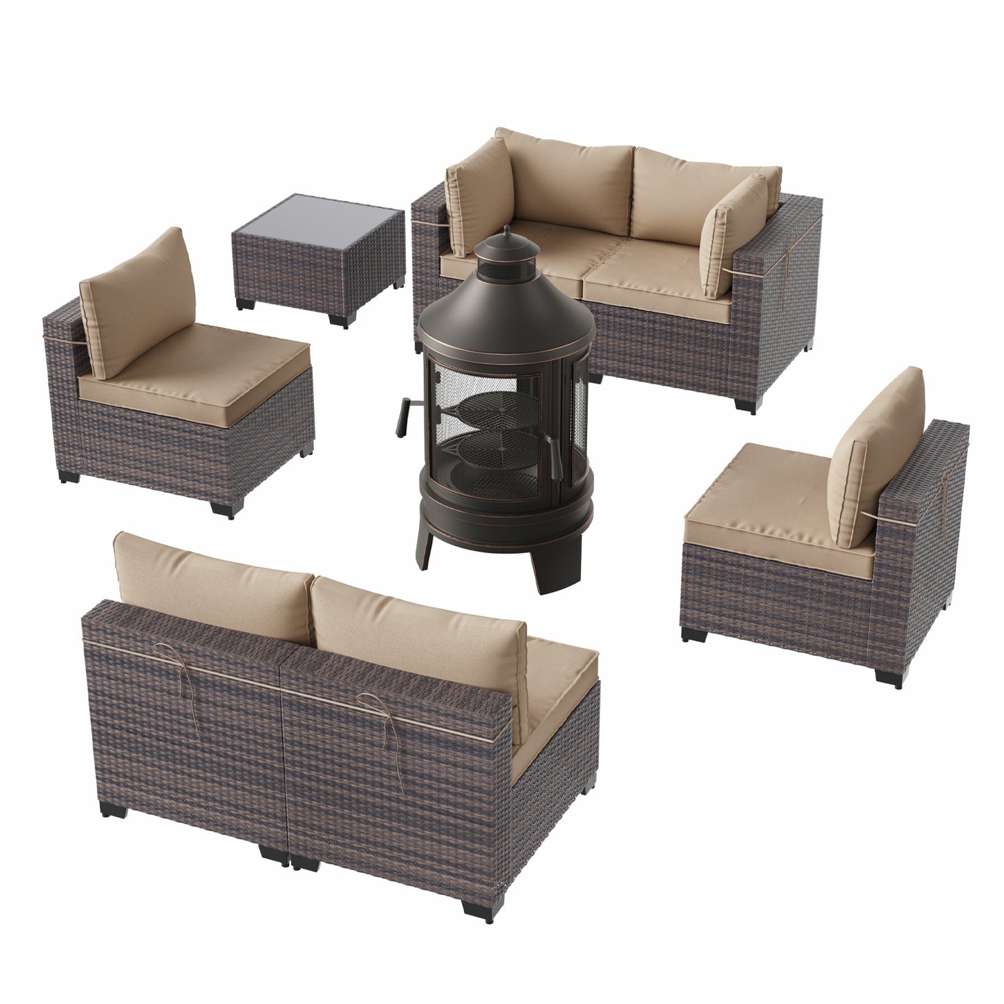 6-Person Rattan Outdoor Sectional Sofa Set with Wood Burning Fire Pit