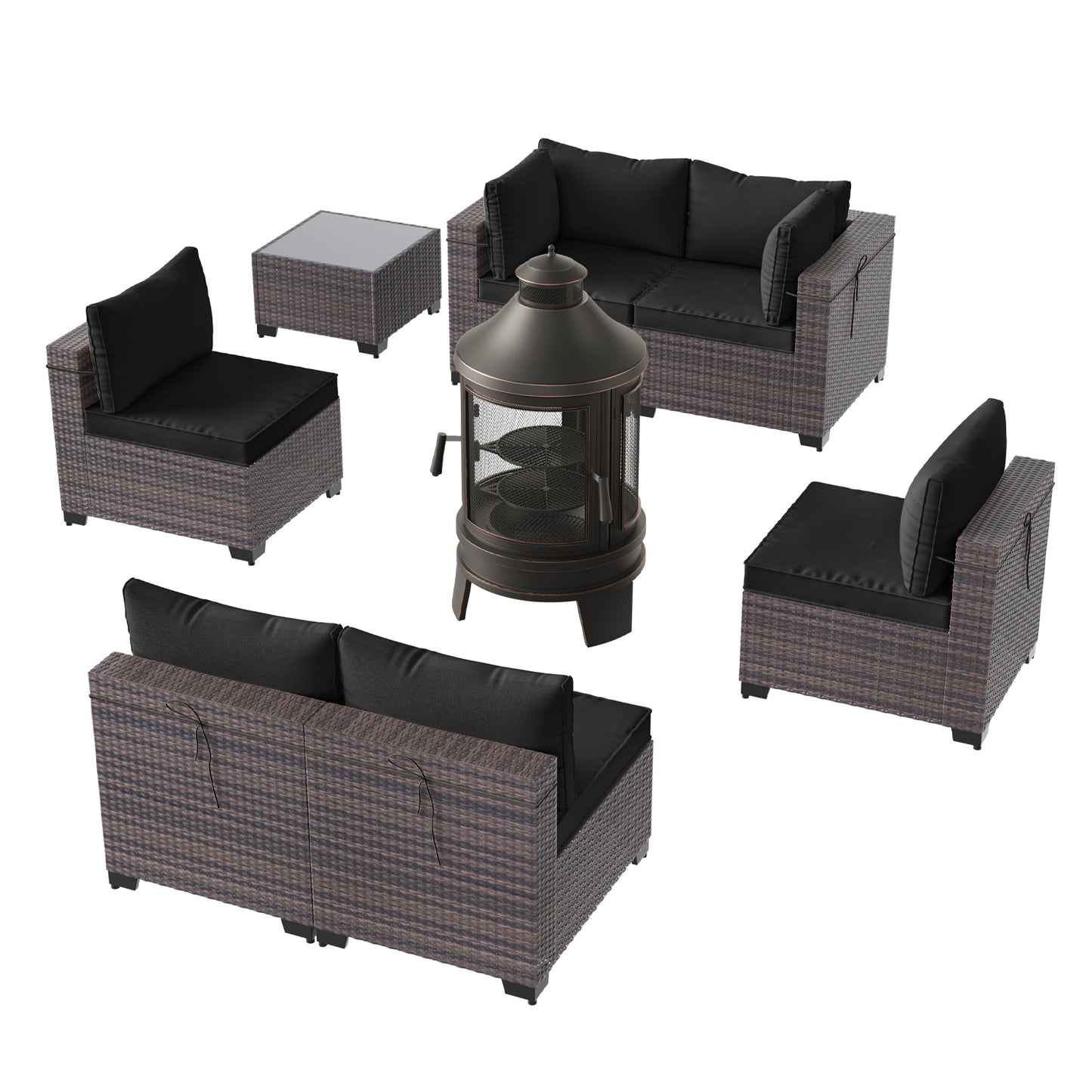 6-Person Rattan Outdoor Sectional Sofa Set with Wood Burning Fire Pit