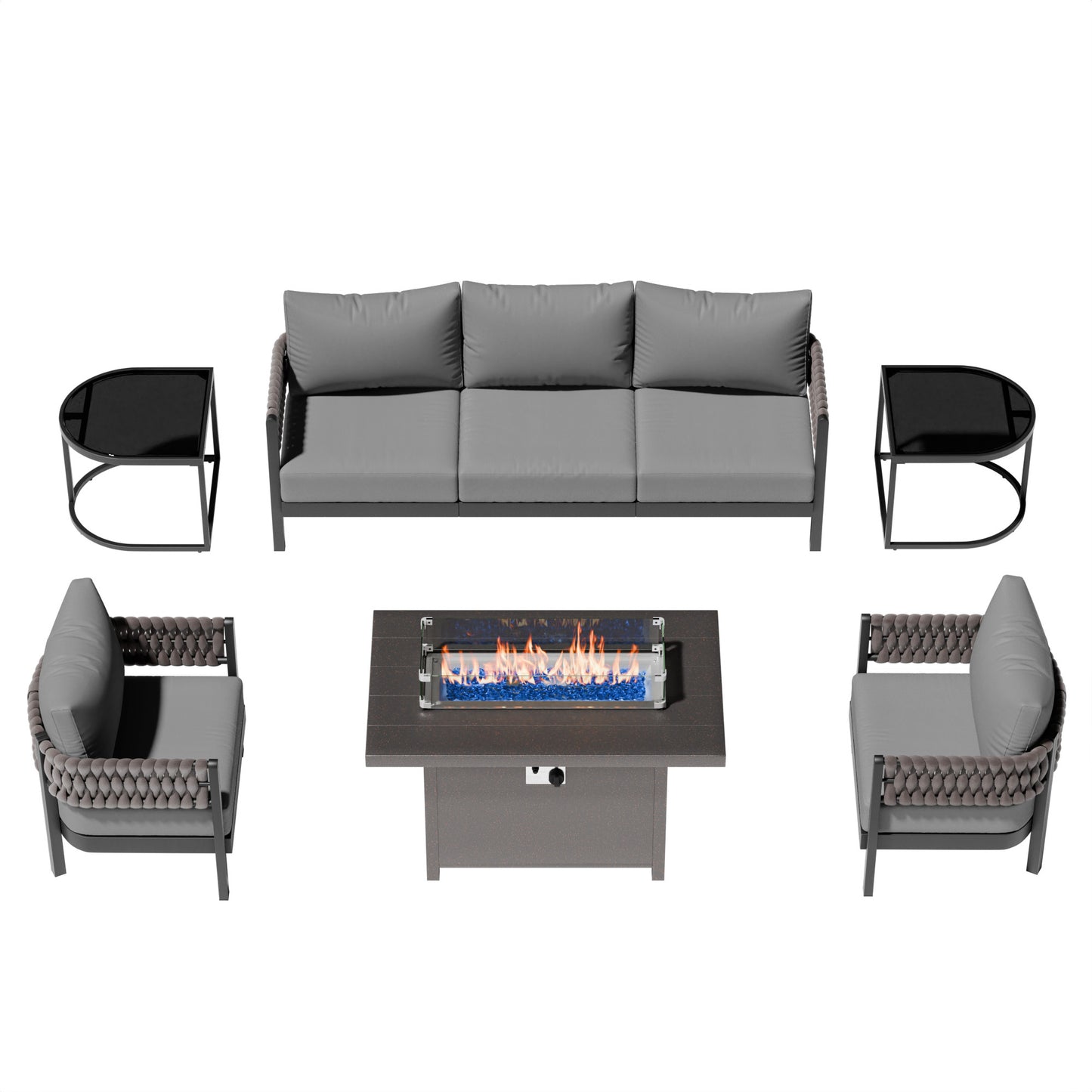 5-Piece Aluminum Rope Patio Sofa Set with Fire Pit Table