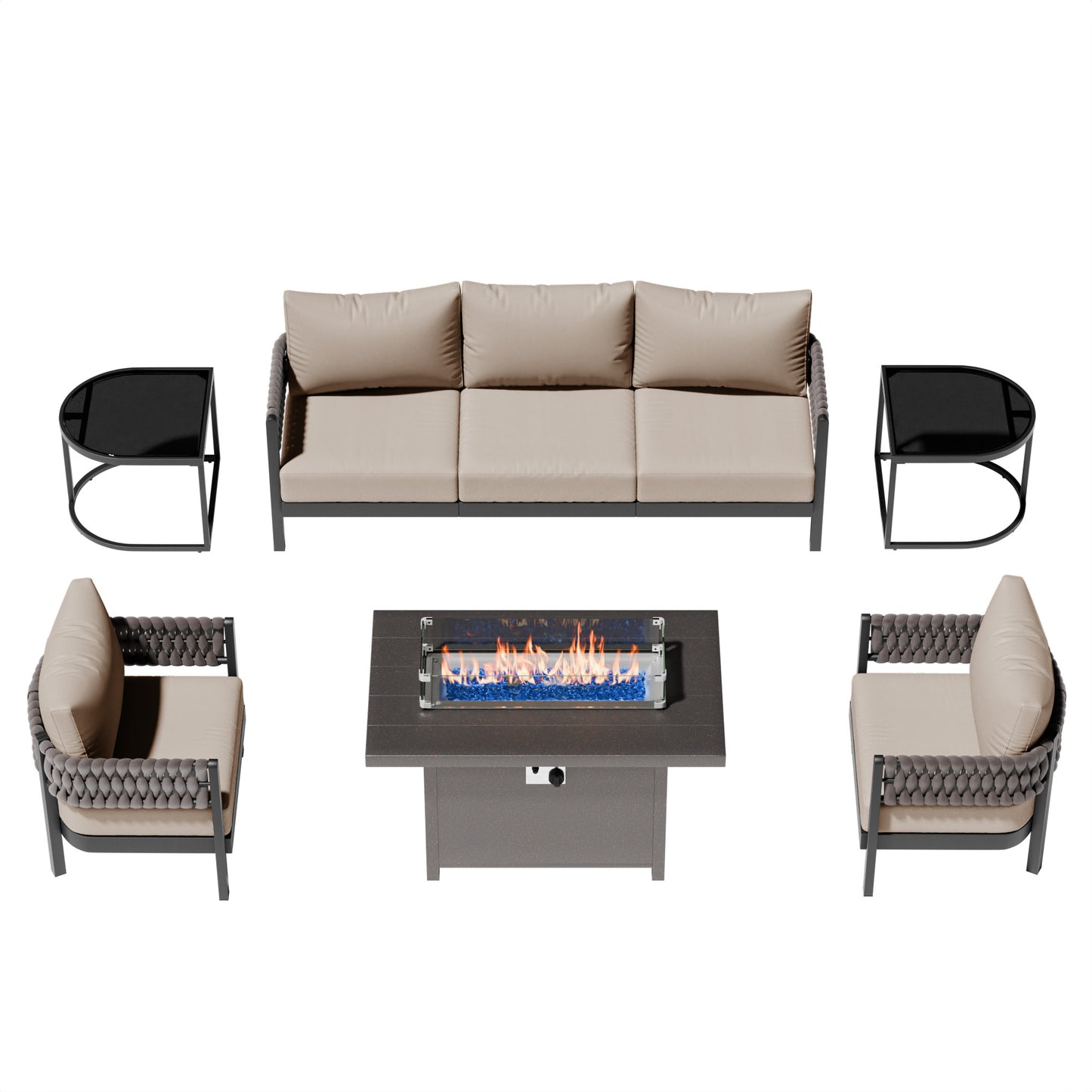 5-Piece Aluminum Rope Patio Sofa Set with Fire Pit Table