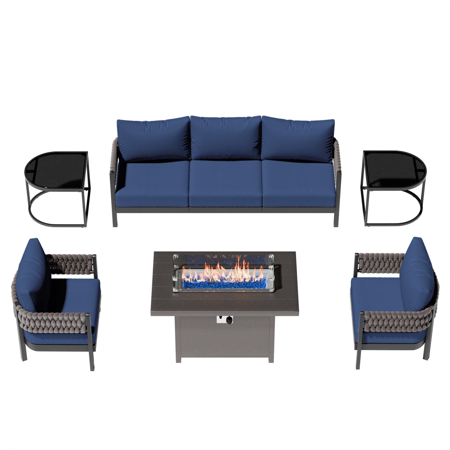 5-Piece Aluminum Rope Patio Sofa Set with Fire Pit Table