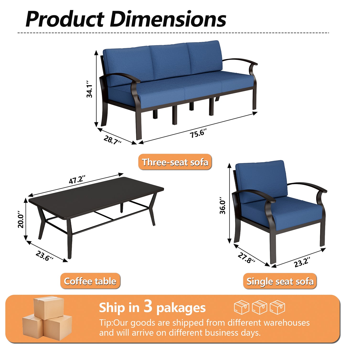 3-Seater & 2 Single Aluminum Sofa Set with Metal Table