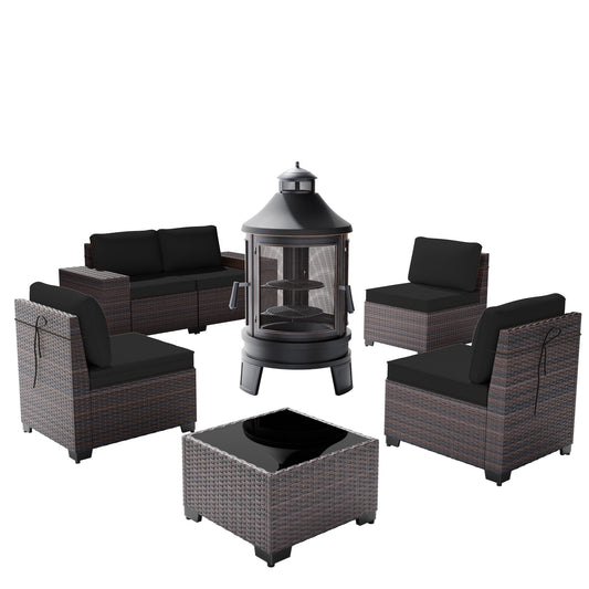 5-Person Rattan Outdoor Sectional Sofa Set with Wood Burning Fire Pit