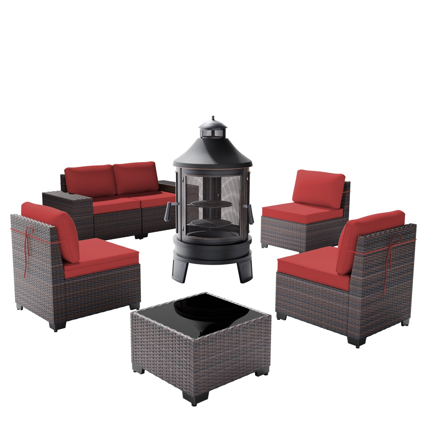 5-Person Rattan Outdoor Sectional Sofa Set with Wood Burning Fire Pit