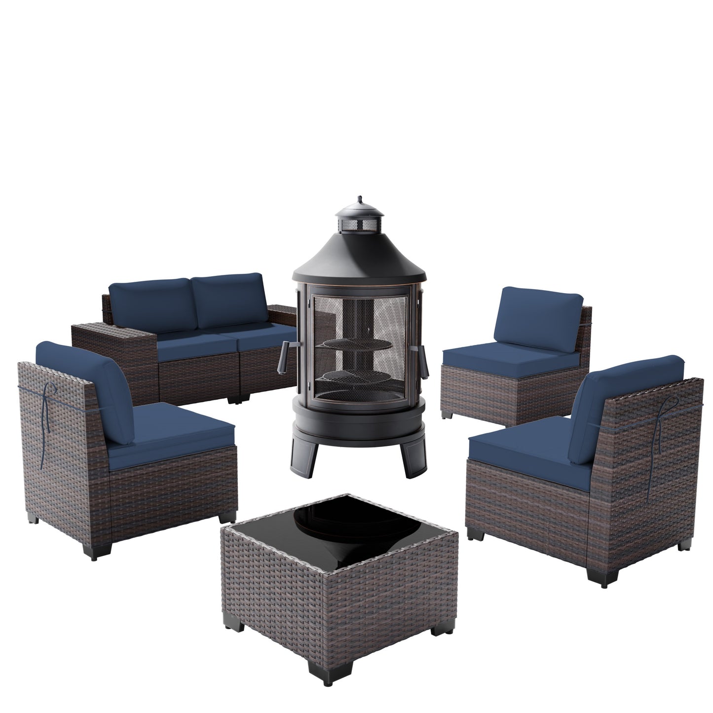 5-Person Rattan Outdoor Sectional Sofa Set with Wood Burning Fire Pit