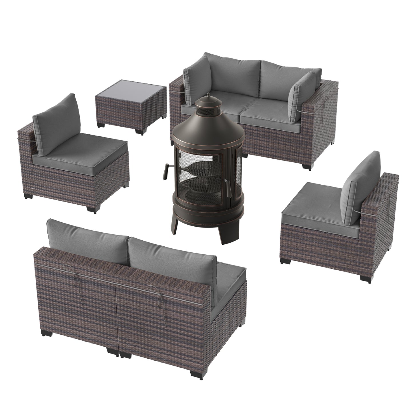 6-Person Rattan Outdoor Sectional Sofa Set with Wood Burning Fire Pit