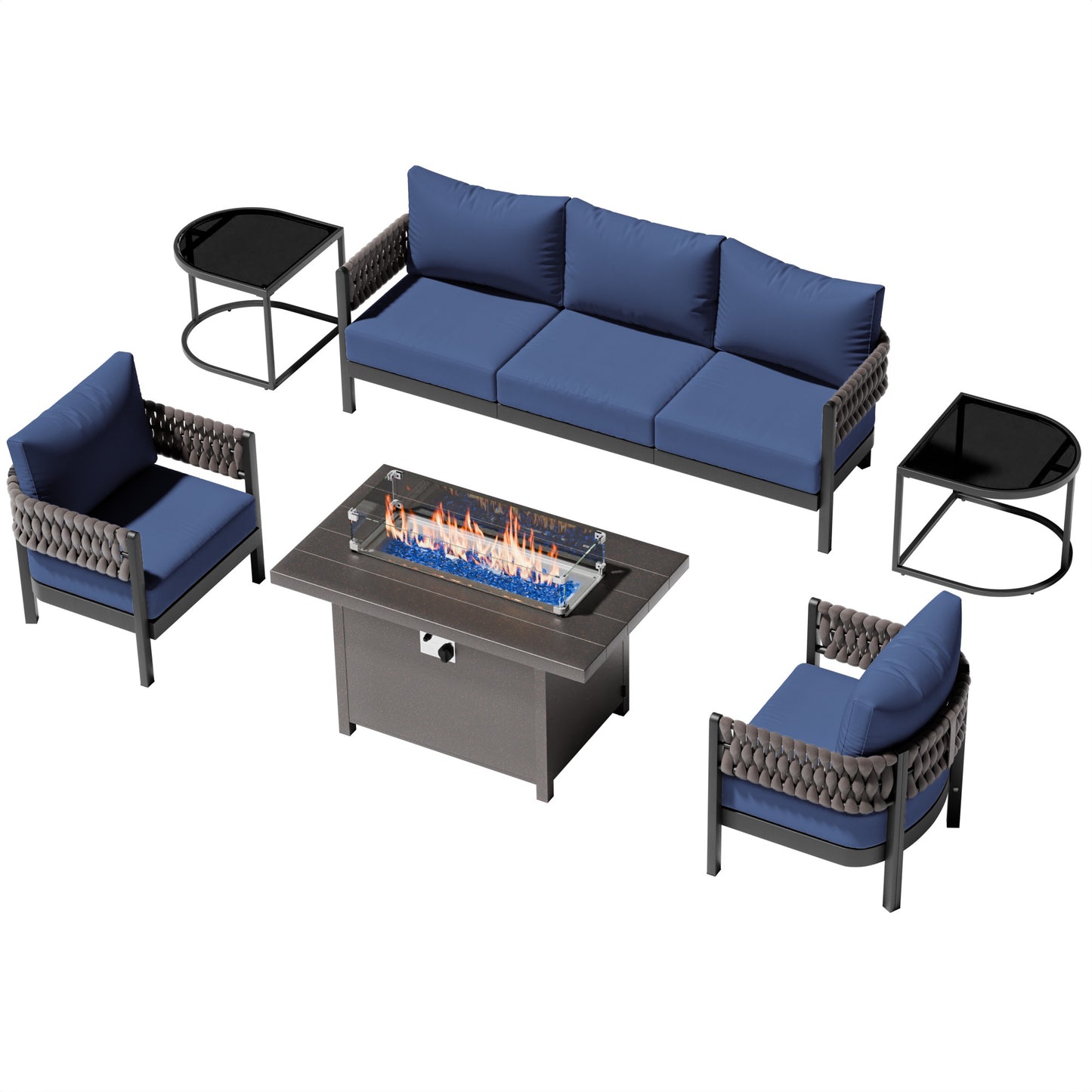 5-Piece Aluminum Rope Patio Sofa Set with Fire Pit Table