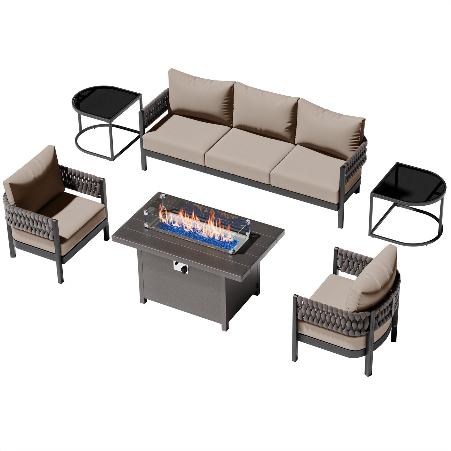 5-Piece Aluminum Rope Patio Sofa Set with Fire Pit Table