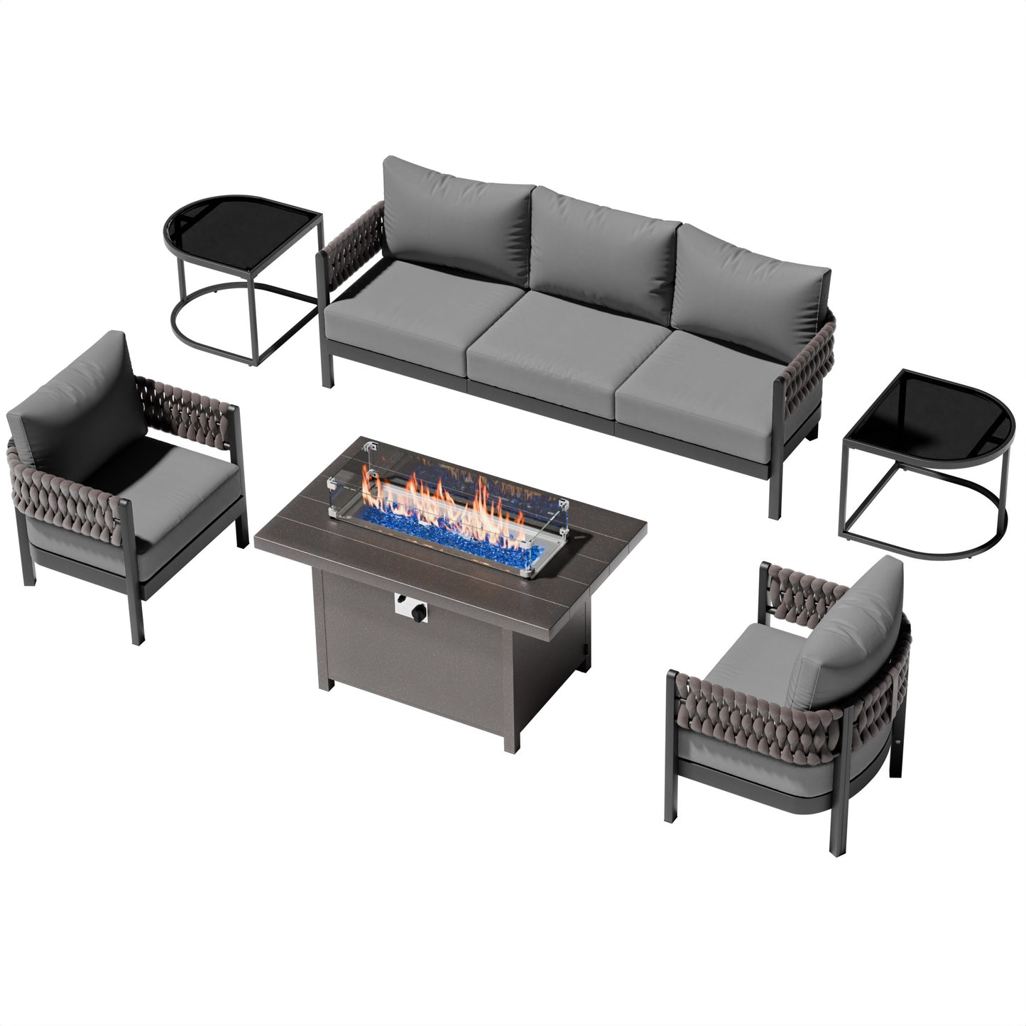 5-Piece Aluminum Rope Patio Sofa Set with Fire Pit Table