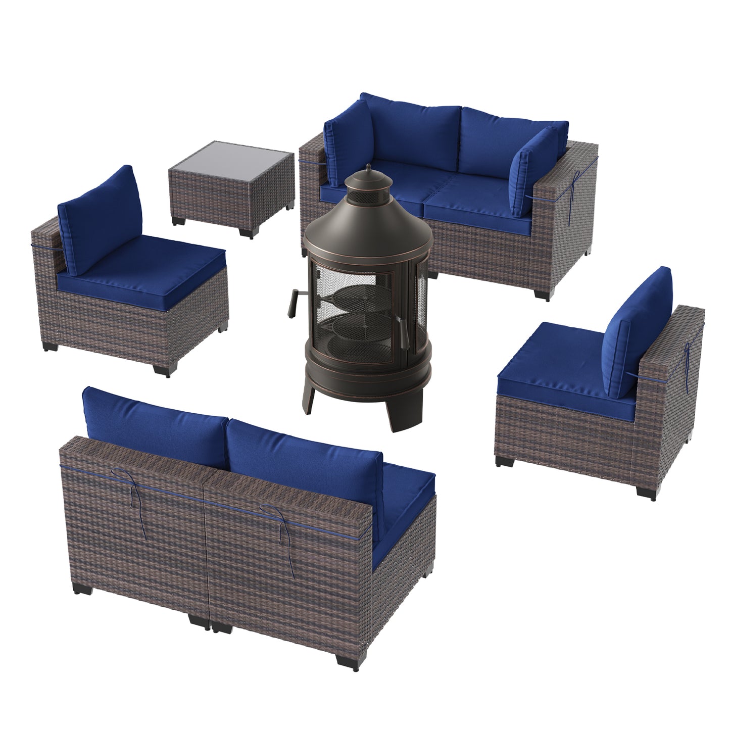 6-Person Rattan Outdoor Sectional Sofa Set with Wood Burning Fire Pit