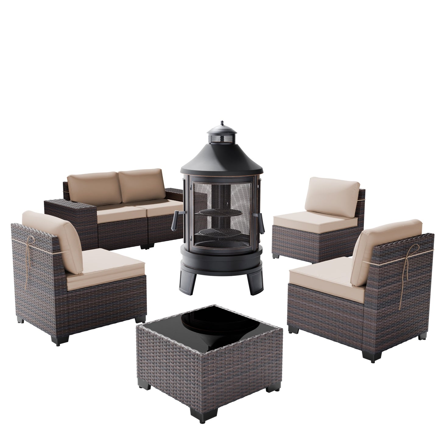 5-Person Rattan Outdoor Sectional Sofa Set with Wood Burning Fire Pit