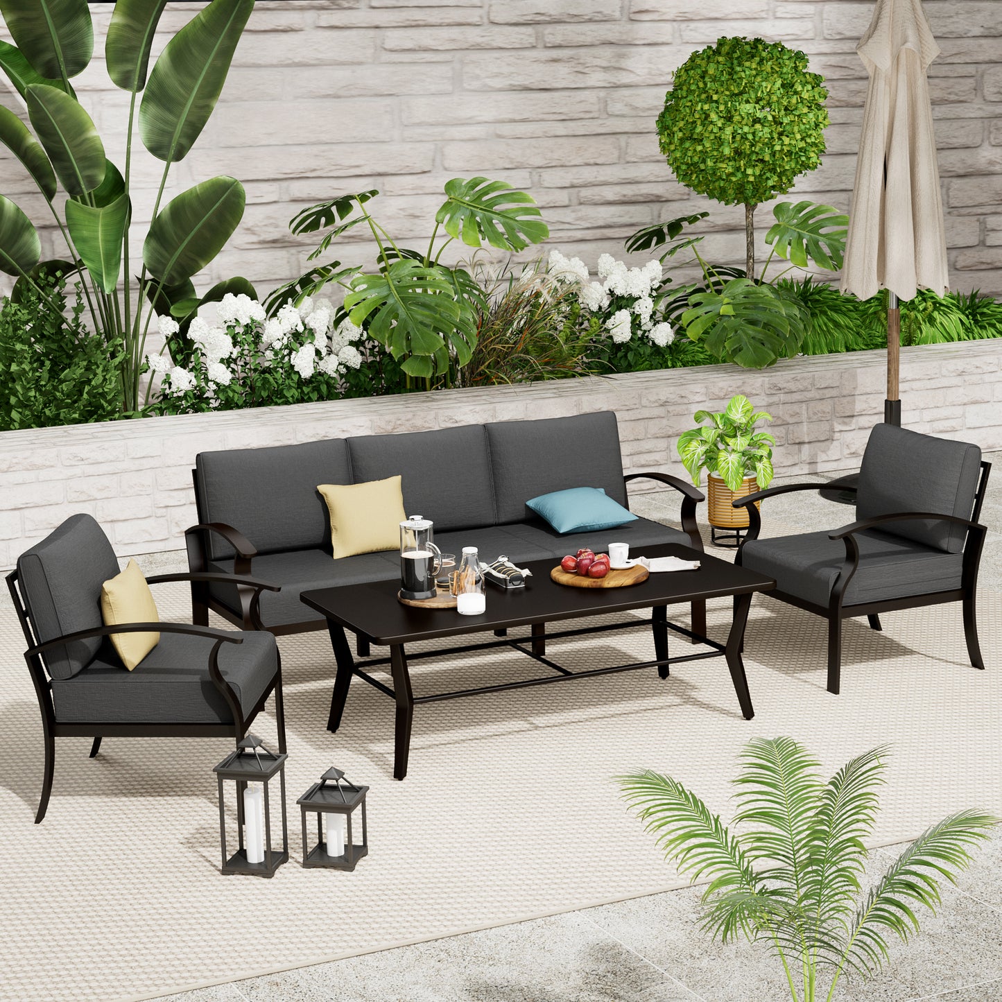 3-Seater & 2 Single Aluminum Sofa Set with Metal Table