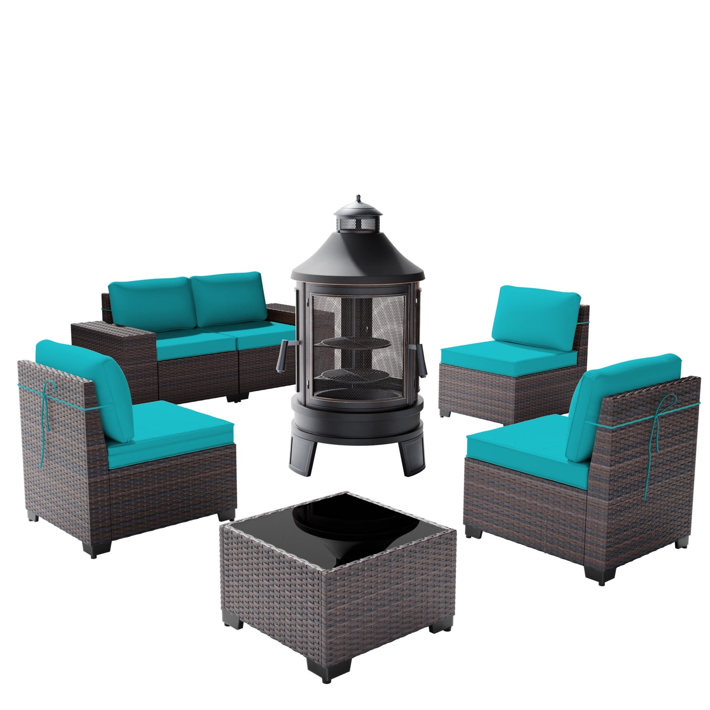 5-Person Rattan Outdoor Sectional Sofa Set with Wood Burning Fire Pit