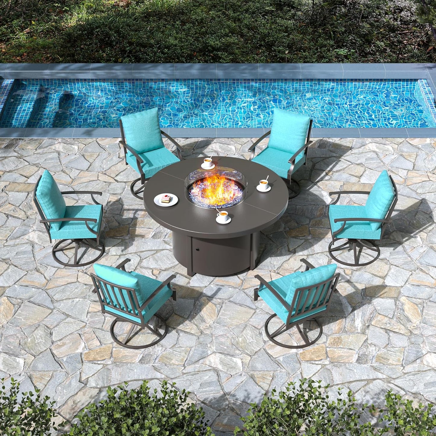 High-Back Swivel Chairs with Round Gas Fire Pit Table