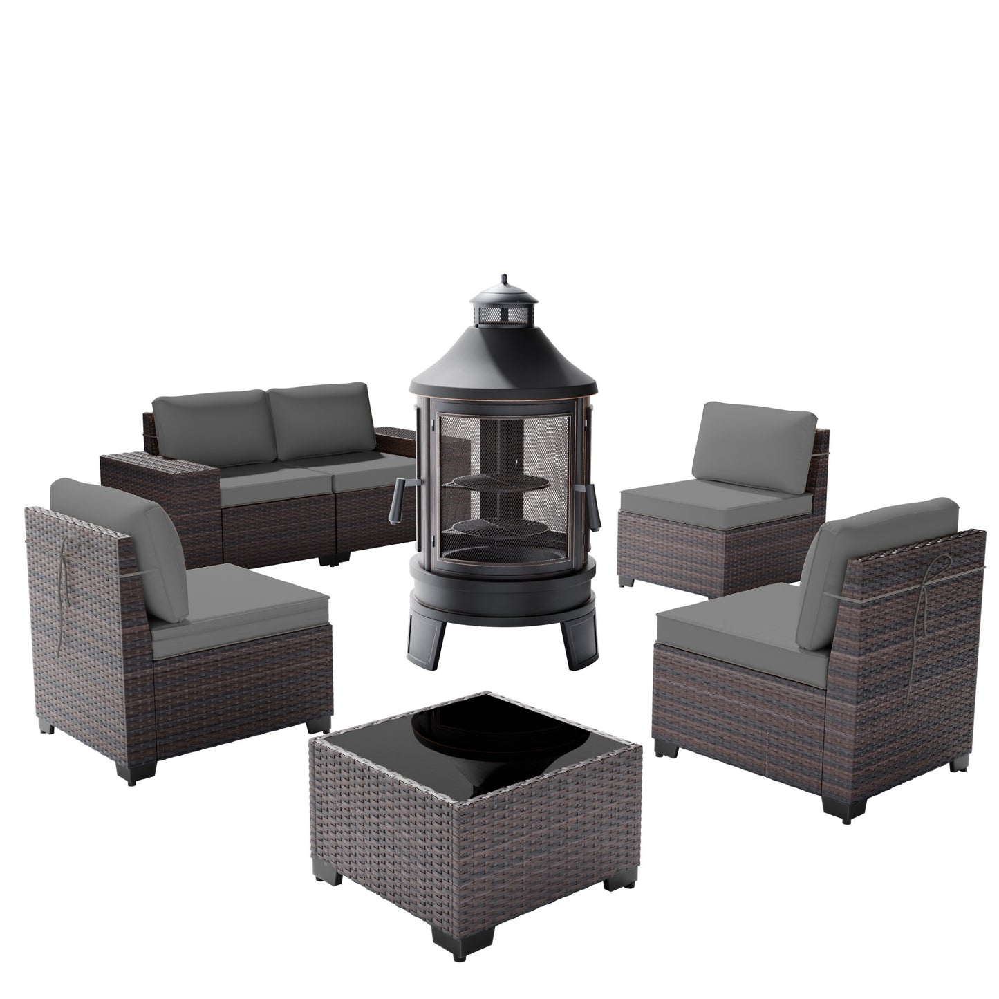 5-Person Rattan Outdoor Sectional Sofa Set with Wood Burning Fire Pit