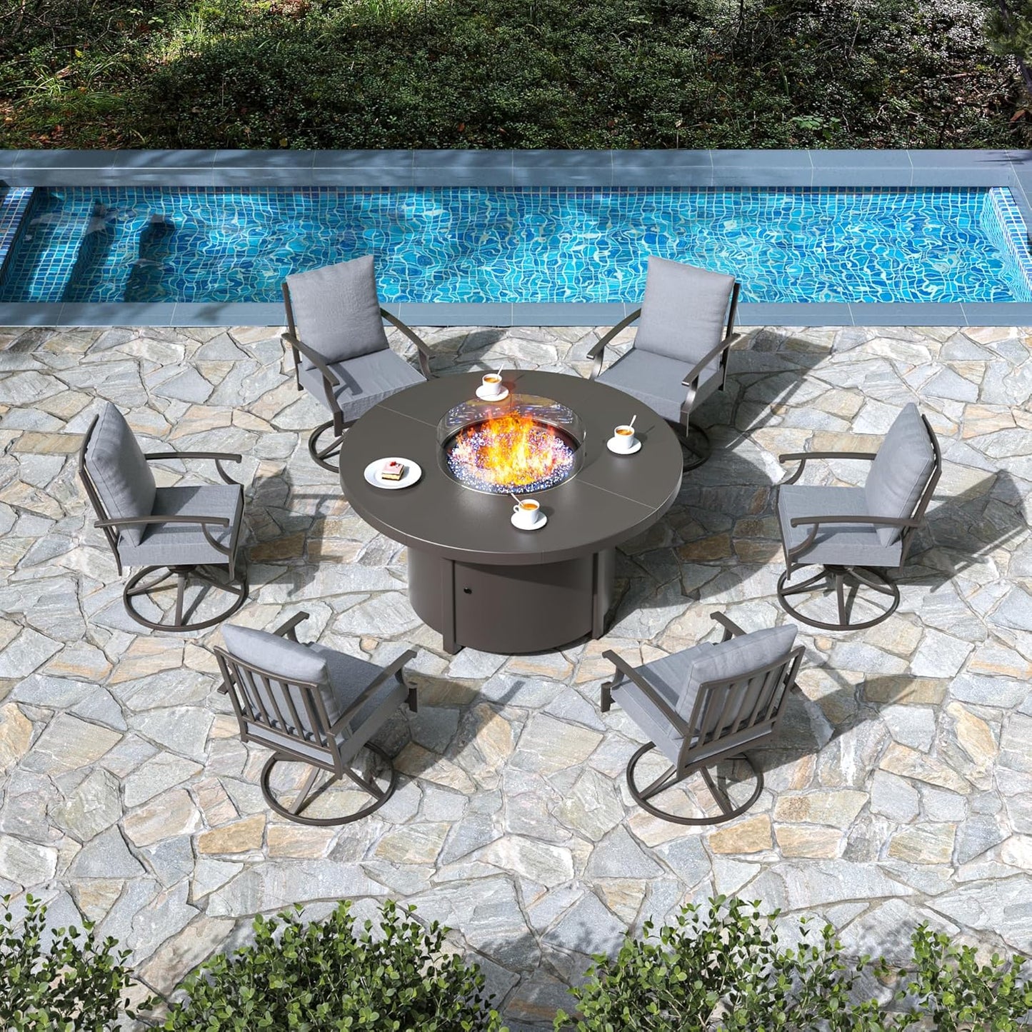 High-Back Swivel Chairs with Round Gas Fire Pit Table