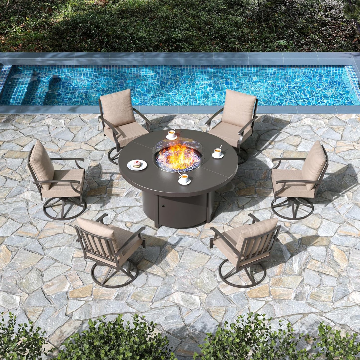 High-Back Swivel Chairs with Round Gas Fire Pit Table