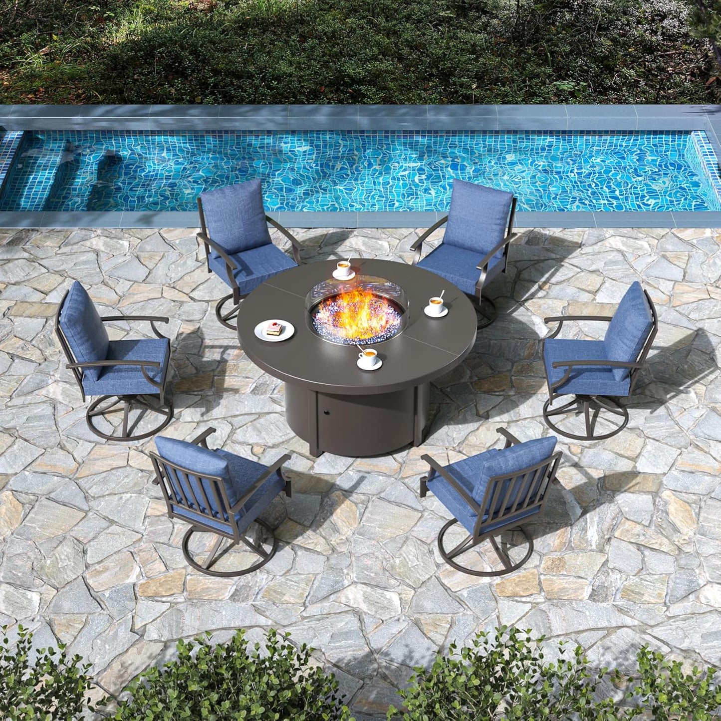 High-Back Swivel Chairs with Round Gas Fire Pit Table