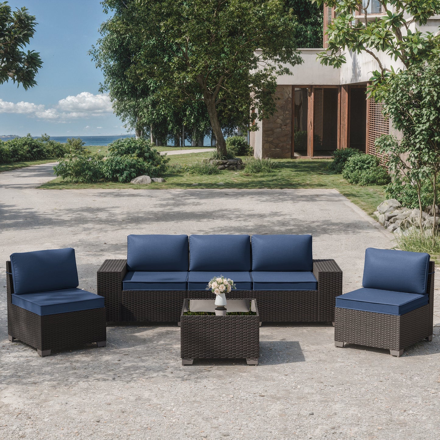 Modern 5-Person HDPE Rattan Outdoor Sectional Sofa Set