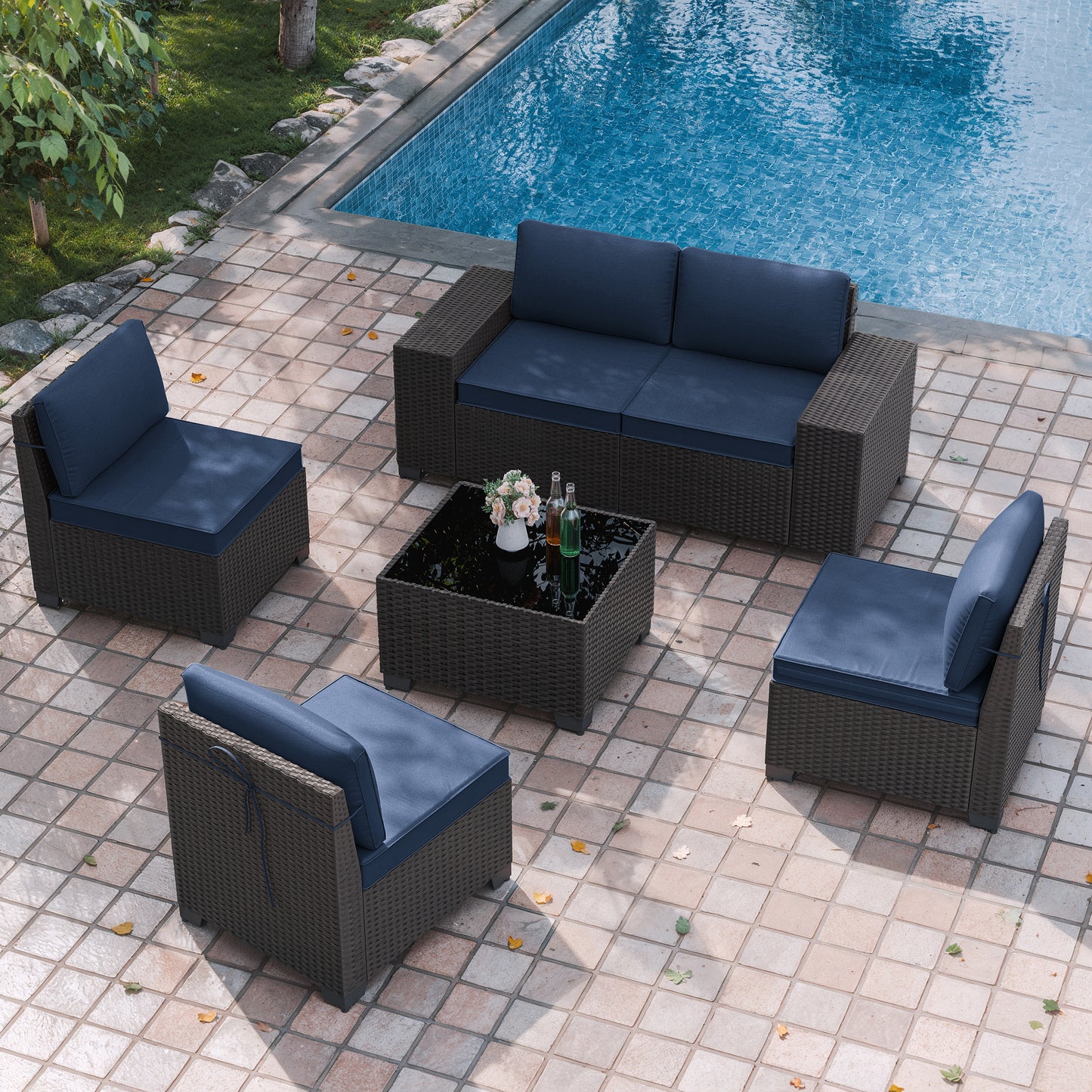 Modern 5-Person HDPE Rattan Outdoor Sectional Sofa Set